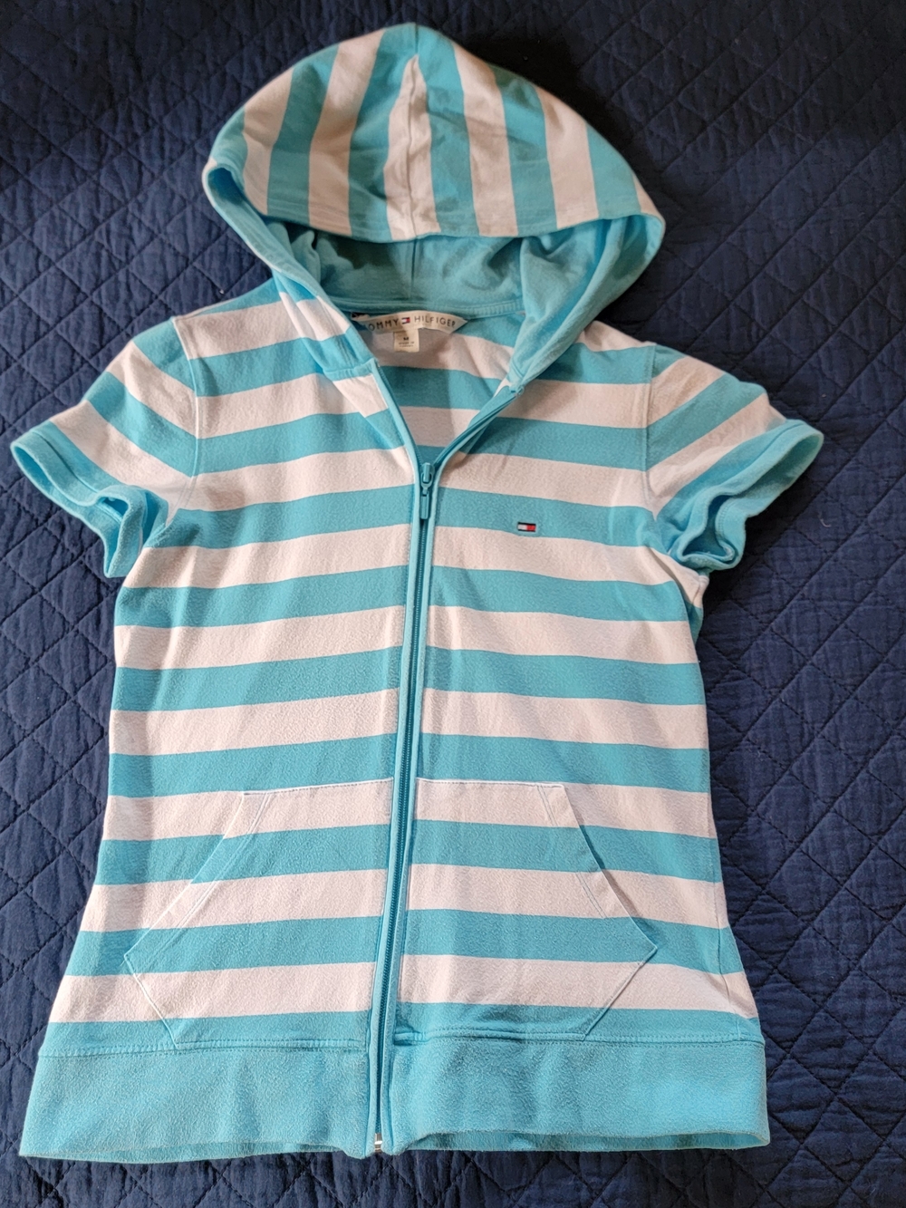 Tommy Hilfiger Turquoise & White Striped Short-Sleeve Zip Hoodie